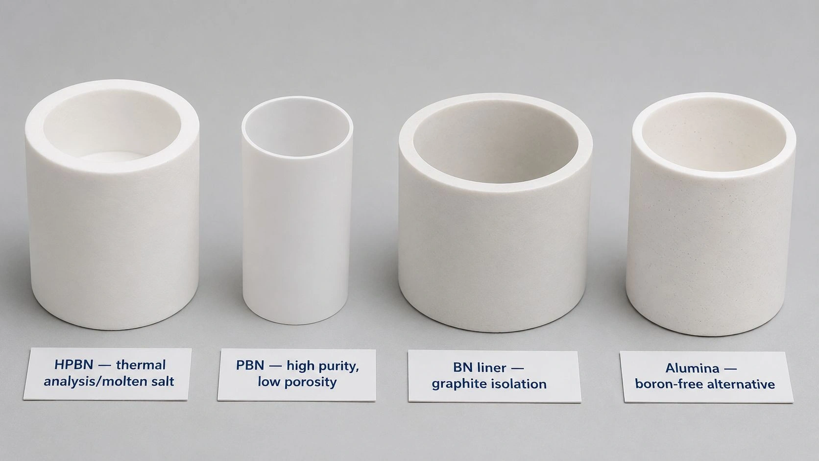 HPBN crucible PBN crucible BN liner alumina boron-free alternative nuclear materials adjacent research thermal analysis molten salt graphite isolation product photo
