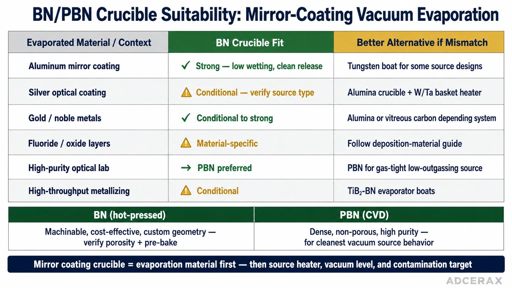 BN PBN crucible suitability mirror coating vacuum evaporation aluminum silver optical coating high purity optical lab metallizing source heater