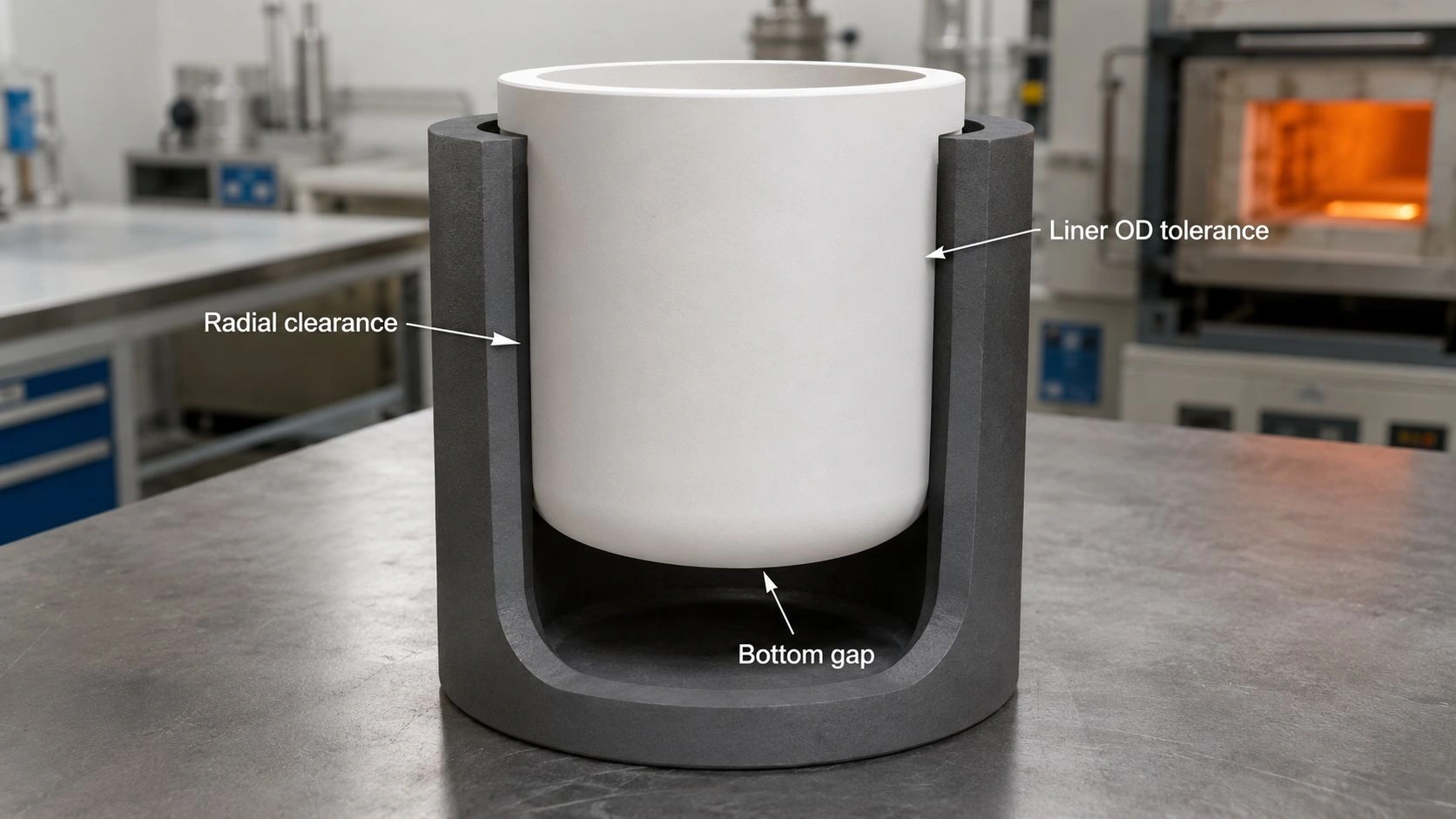 BN liner tolerance stack-up composite crucible graphite ceramic metal clearance taper bottom gap thermal expansion mismatch removal design specification