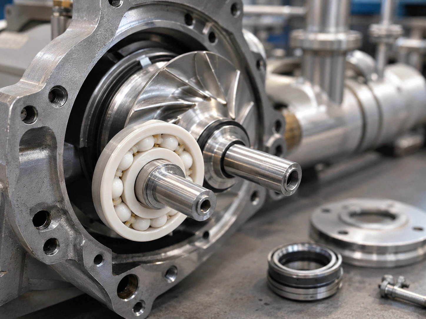 Full ceramic bearing on a chemical pump shaft