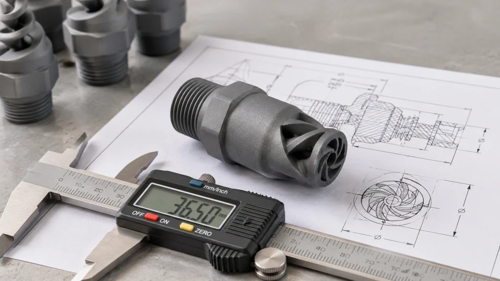 Custom silicon carbide nozzle reviewed from a drawing with caliper measurement