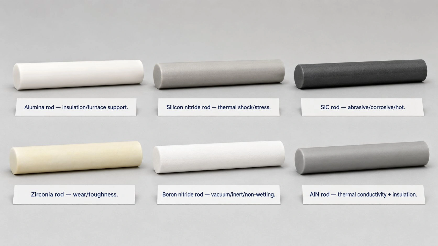 high temperature ceramic rod material options alumina silicon nitride SiC zirconia boron nitride aluminum nitride product photo