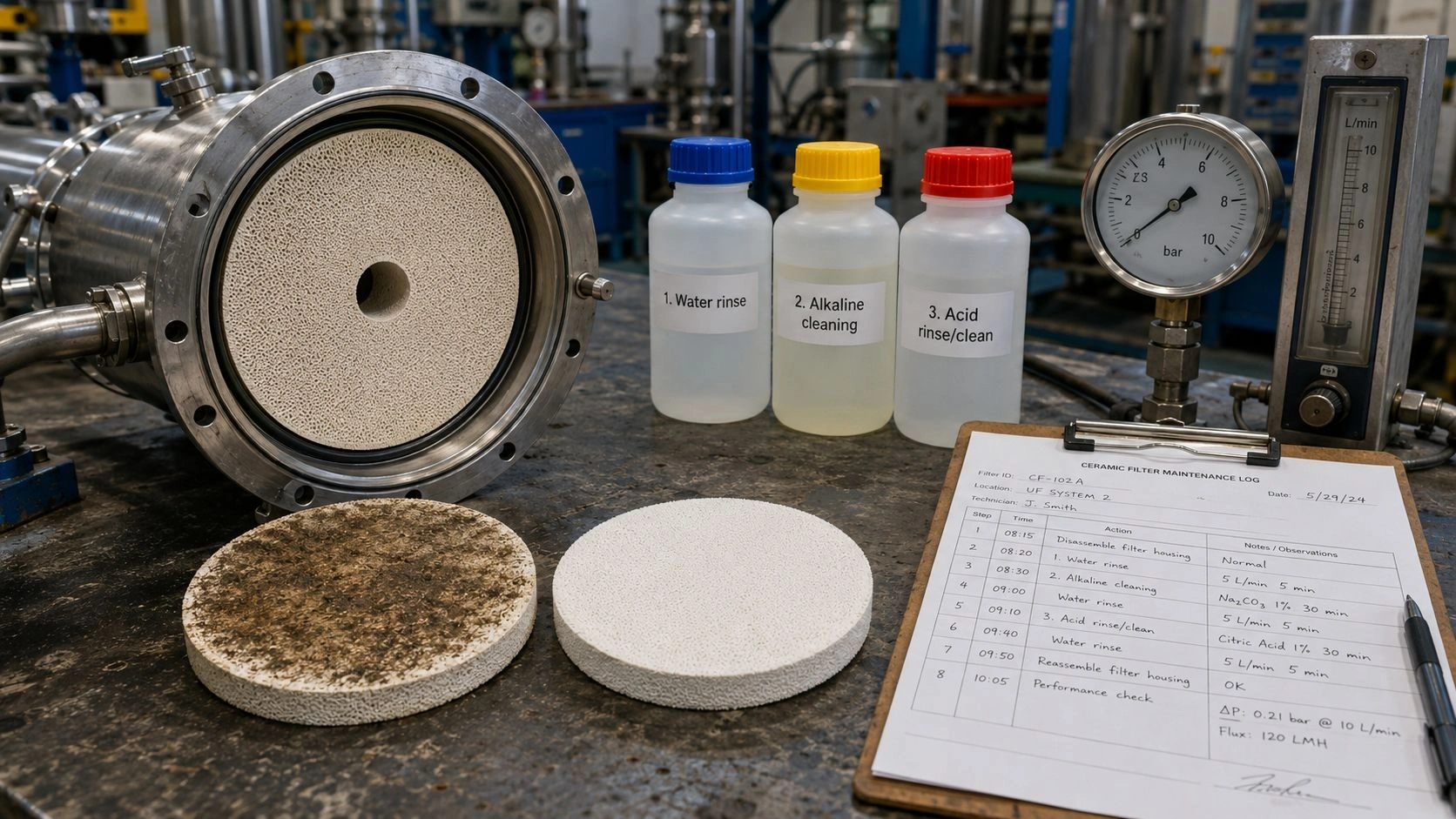 clean regenerate porous ceramic filter ceramic membrane cleaning fouling backwash CIP chemical cleaning pressure drop flux recovery maintenance