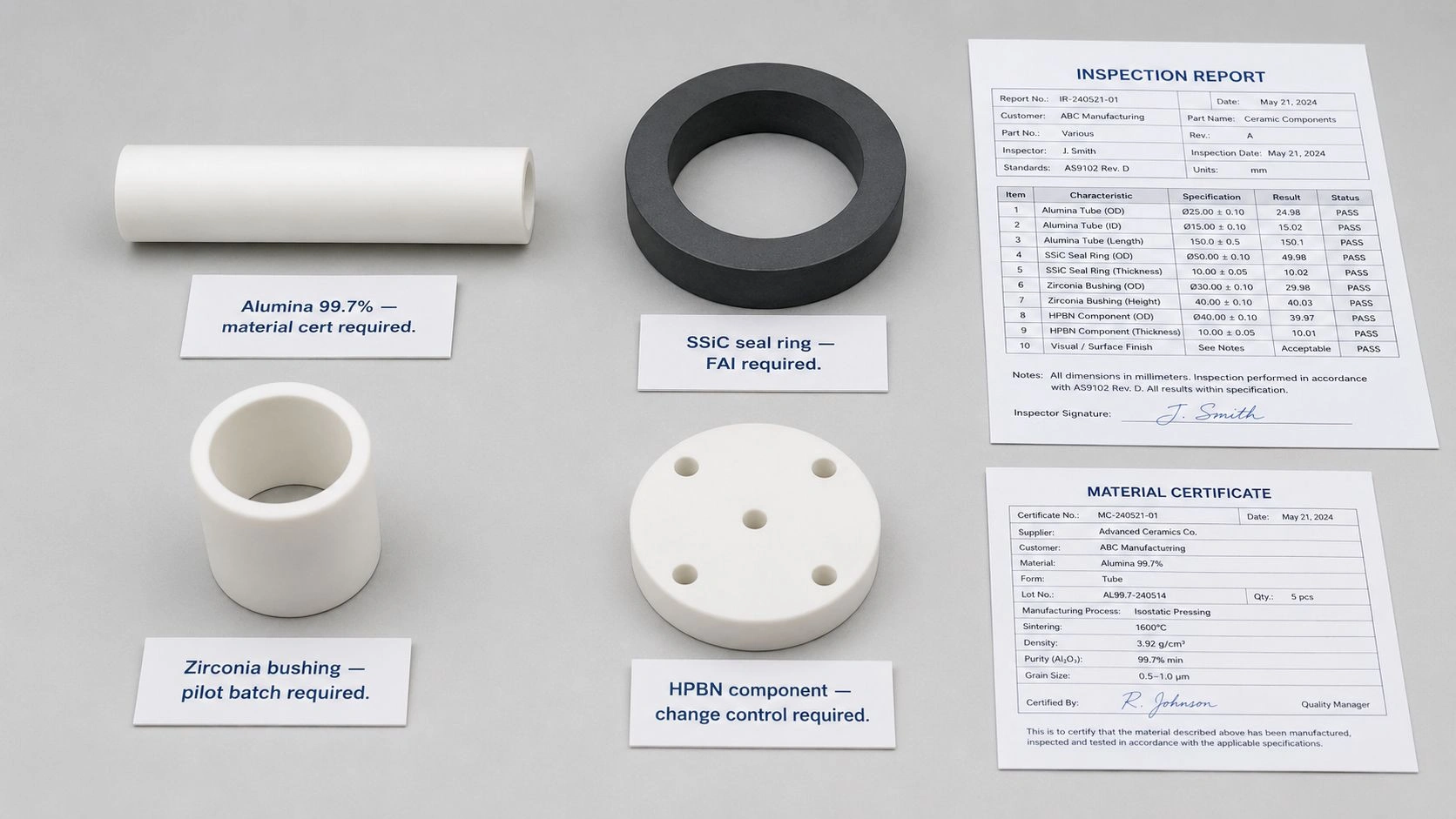 ceramic supplier qualification first article inspection material certificate dimensional inspection report alumina tube SSiC seal ring zirconia bushing HPBN component documentation
