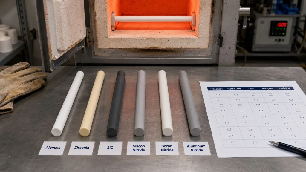 ceramic rod material high temperature selection alumina zirconia silicon carbide silicon nitride boron nitride aluminum nitride furnace support guide thermal shock wear insulation