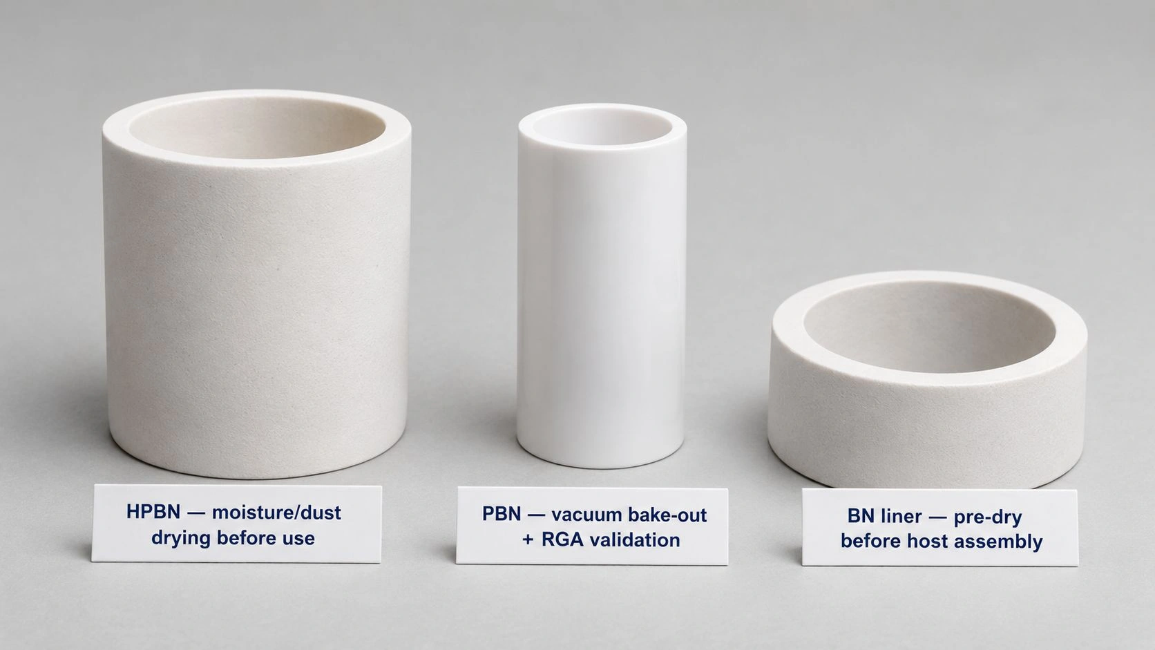 Hot pressed BN PBN and BN liner first use conditioning comparison moisture drying vacuum bake out RGA validation pre dry assembly