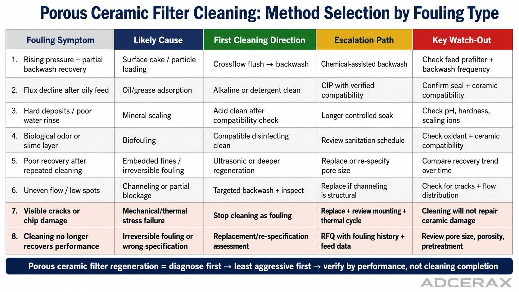 porous ceramic filter cleaning method selection by fouling type particle cake oil grease mineral scaling biofouling embedded fines structural damage