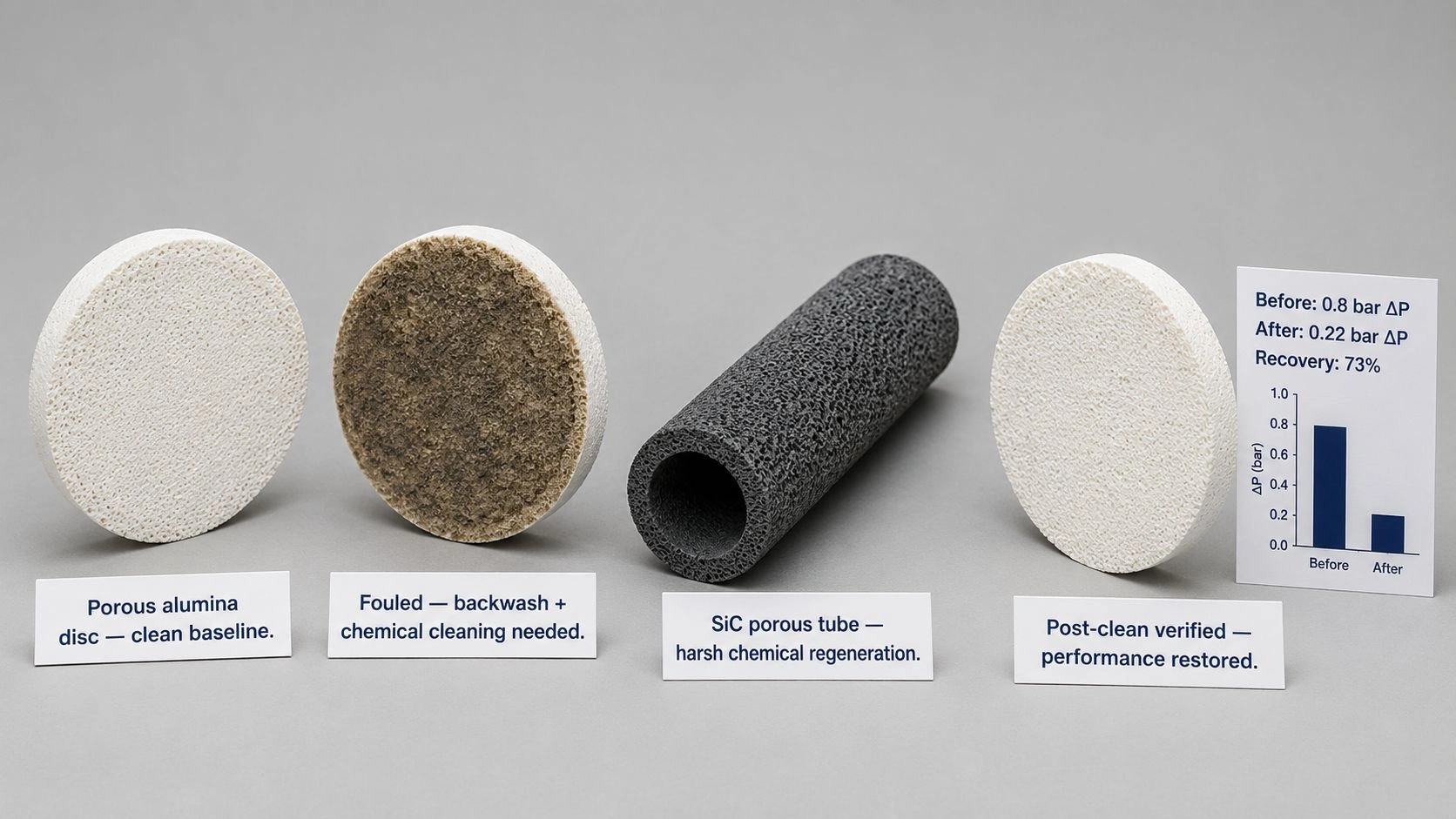 porous ceramic filter cleaning regeneration clean fouled post-clean verified pressure drop recovery alumina disc SiC porous tube