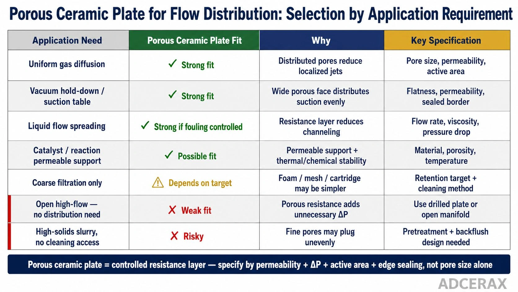 porous ceramic plate flow distribution selection by application requirement gas diffusion vacuum hold-down liquid flow spreading catalyst support filtration pressure drop fouling