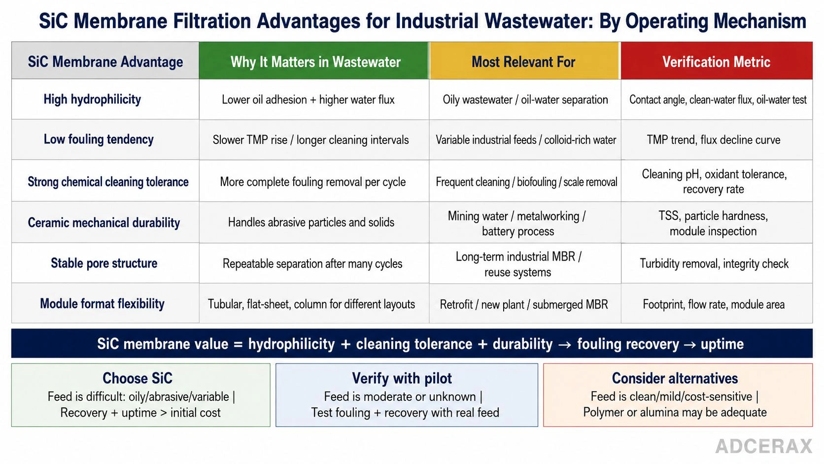 SiC membrane filtration advantages for industrial wastewater by operating mechanism hydrophilicity fouling chemical cleaning ceramic durability stable pore structure module flexibility