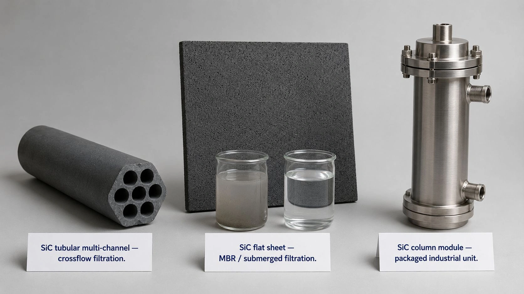 SiC membrane tubular multi-channel flat-sheet and column module configurations for industrial wastewater filtration