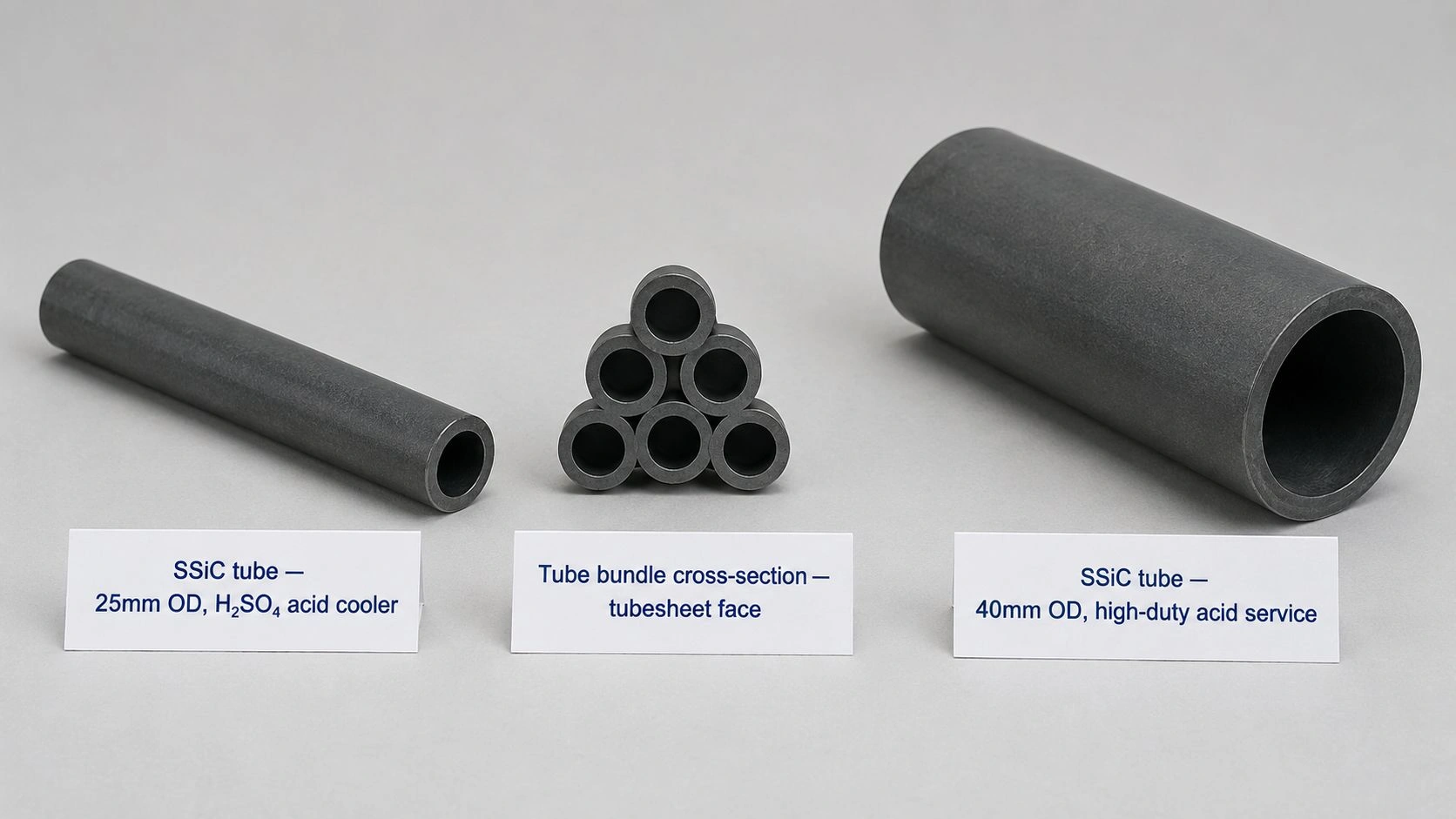 SSiC heat exchanger tubes and tube bundle cross-section for sulfuric acid service, showing 25 mm OD acid cooler tubes, tubesheet face arrangement and 40 mm OD high-duty acid service tube