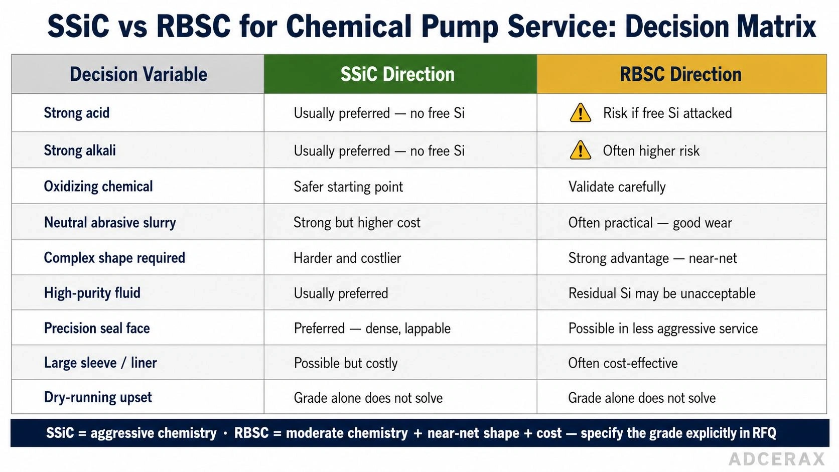 SSiC vs RBSC chemical pump service decision matrix strong acid alkali oxidizer abrasive slurry complex shape high purity seal face sleeve liner