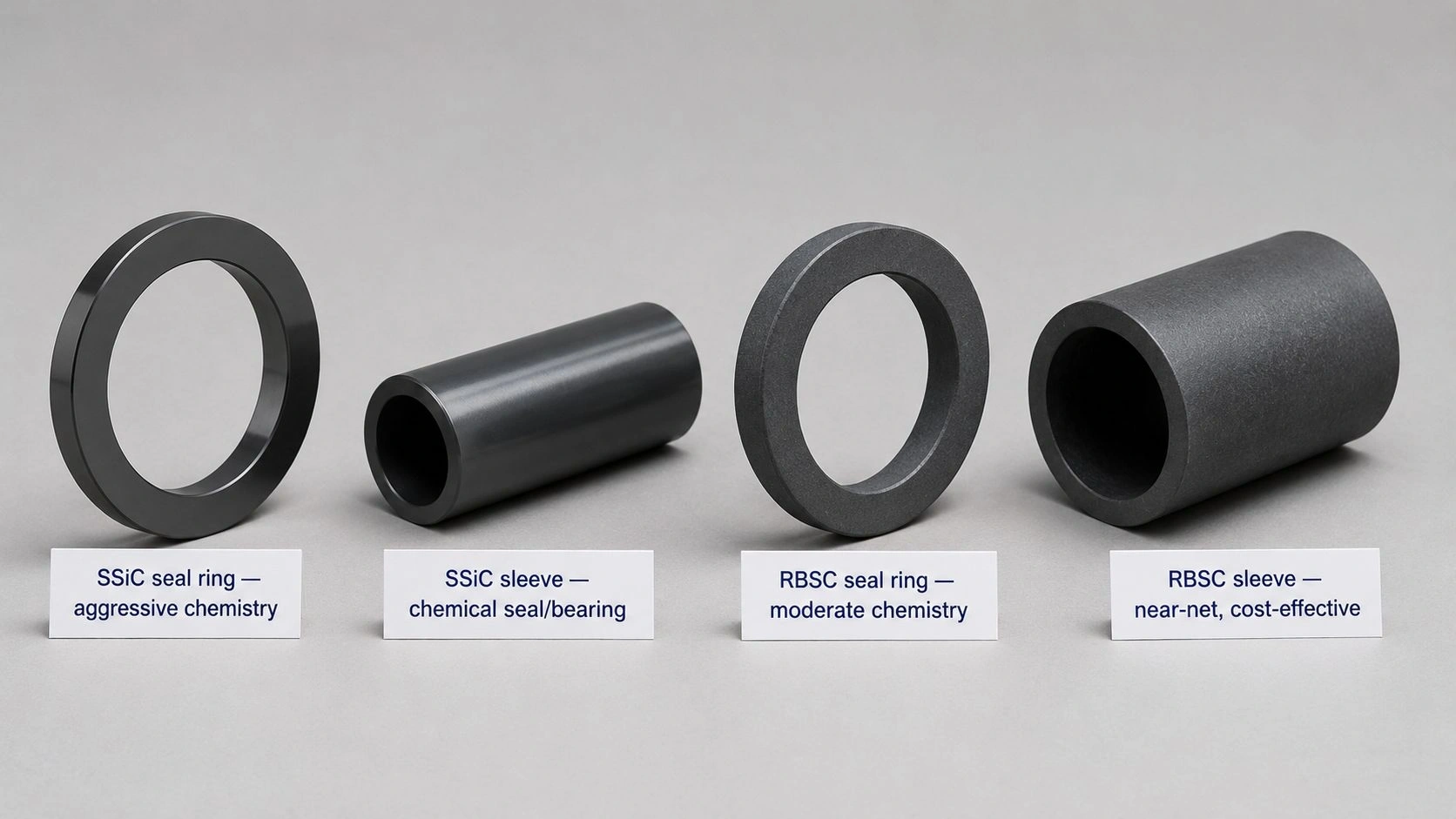 SSiC seal ring sleeve RBSC seal ring sleeve chemical pump components aggressive chemistry moderate chemistry near net cost effective product photo