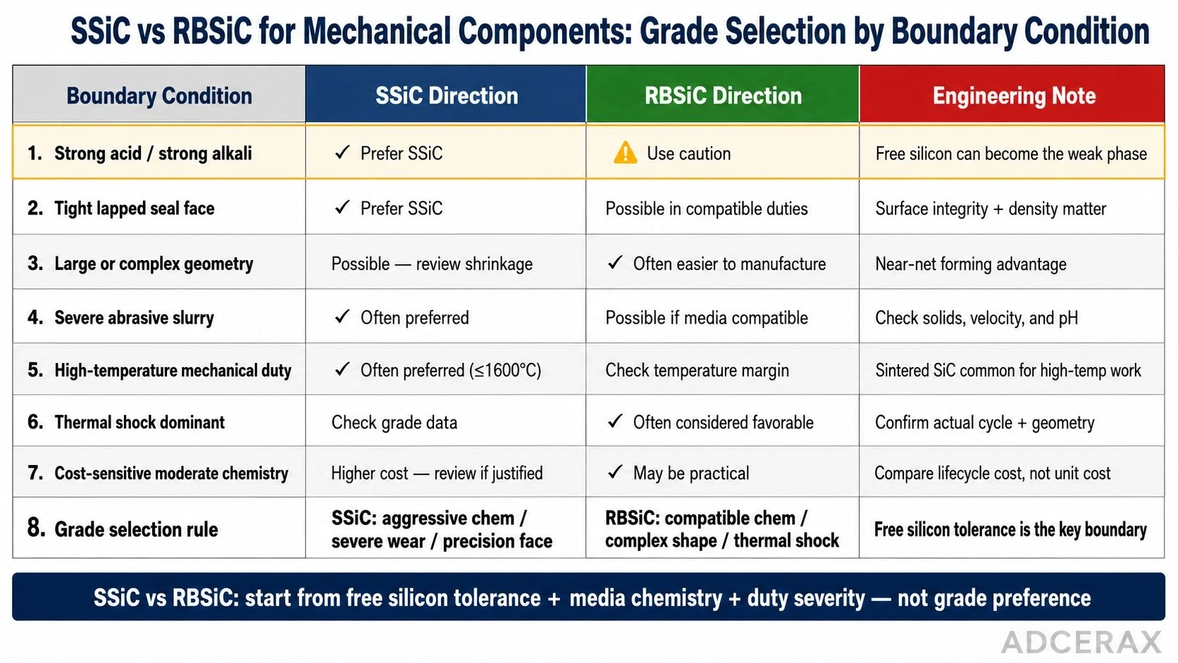 SSiC vs RBSiC mechanical components grade selection by boundary condition strong acid alkali seal face complex geometry slurry high temperature thermal shock cost