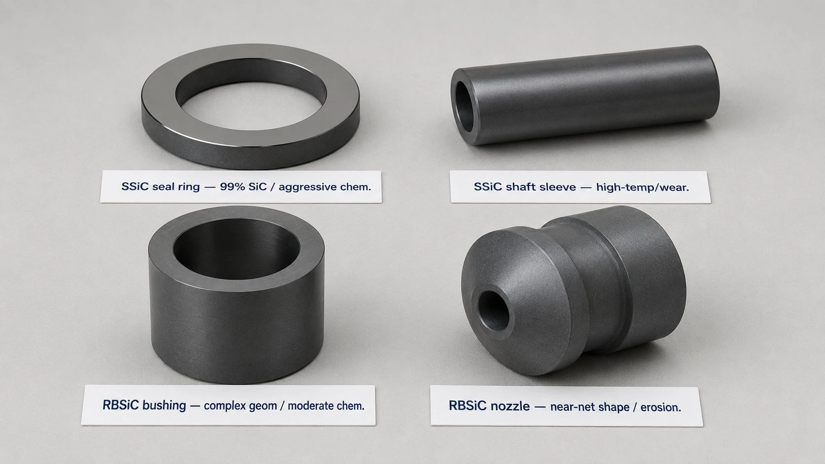 SSiC and RBSiC mechanical components product photo seal ring shaft sleeve bushing nozzle sintered silicon carbide reaction bonded silicon carbide