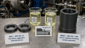 SSiC vs RBSiC mechanical components grade selection sintered silicon carbide reaction bonded SiC mechanical seal pump bushing bearing valve nozzle free silicon chemical media