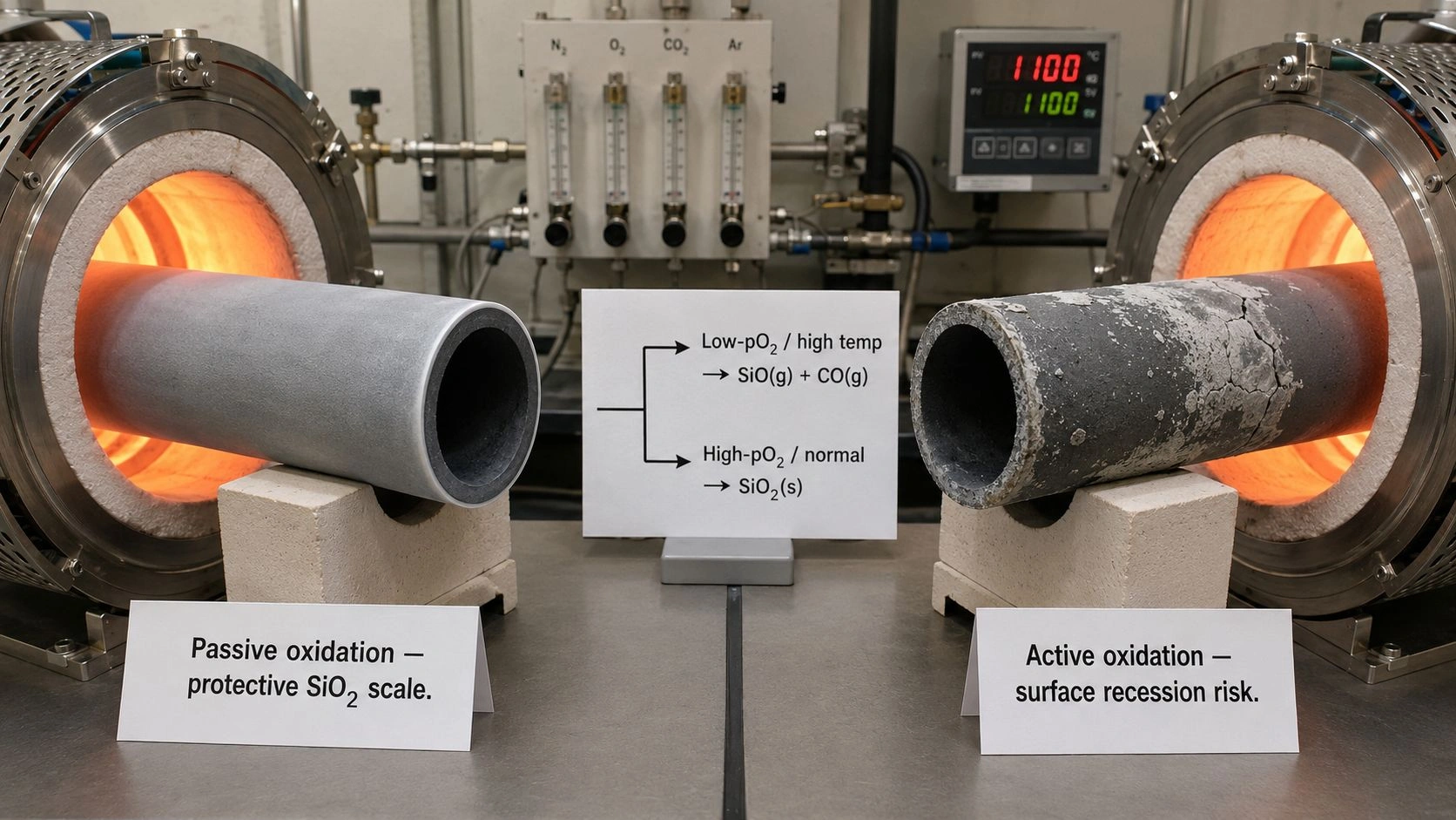 silicon carbide oxidation high temperature passive oxidation SiC active oxidation SiC silica scale SiO2 steam water vapor kiln furnace tube heat exchanger