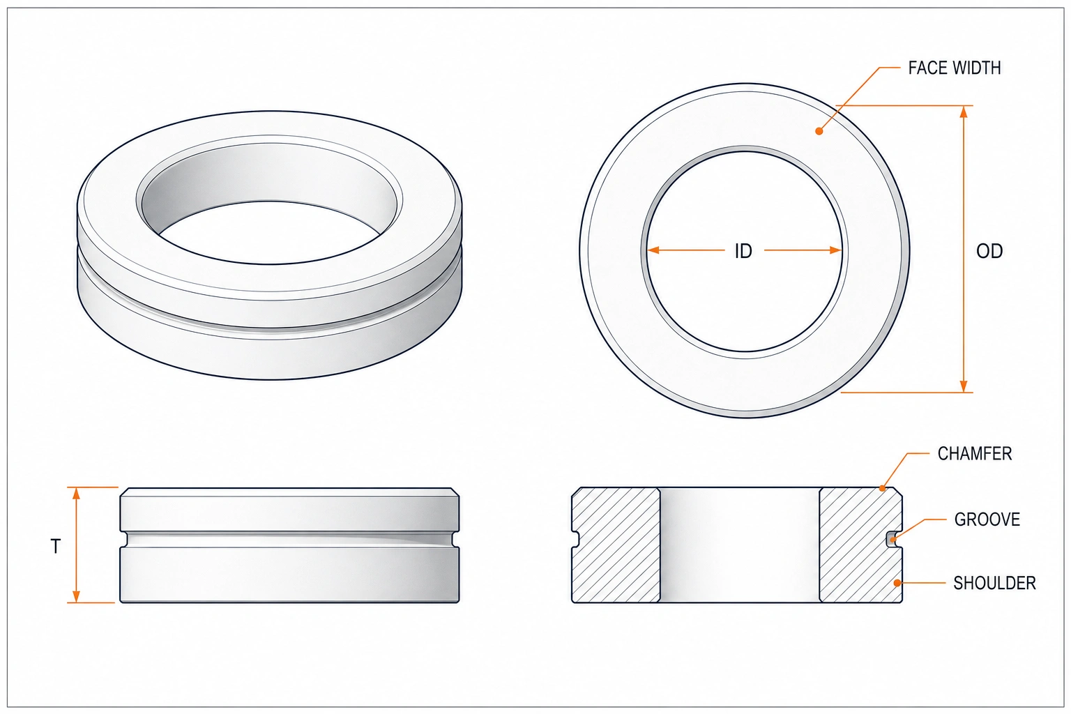 Custom ceramic ring design drawing with critical dimensions and profile features
