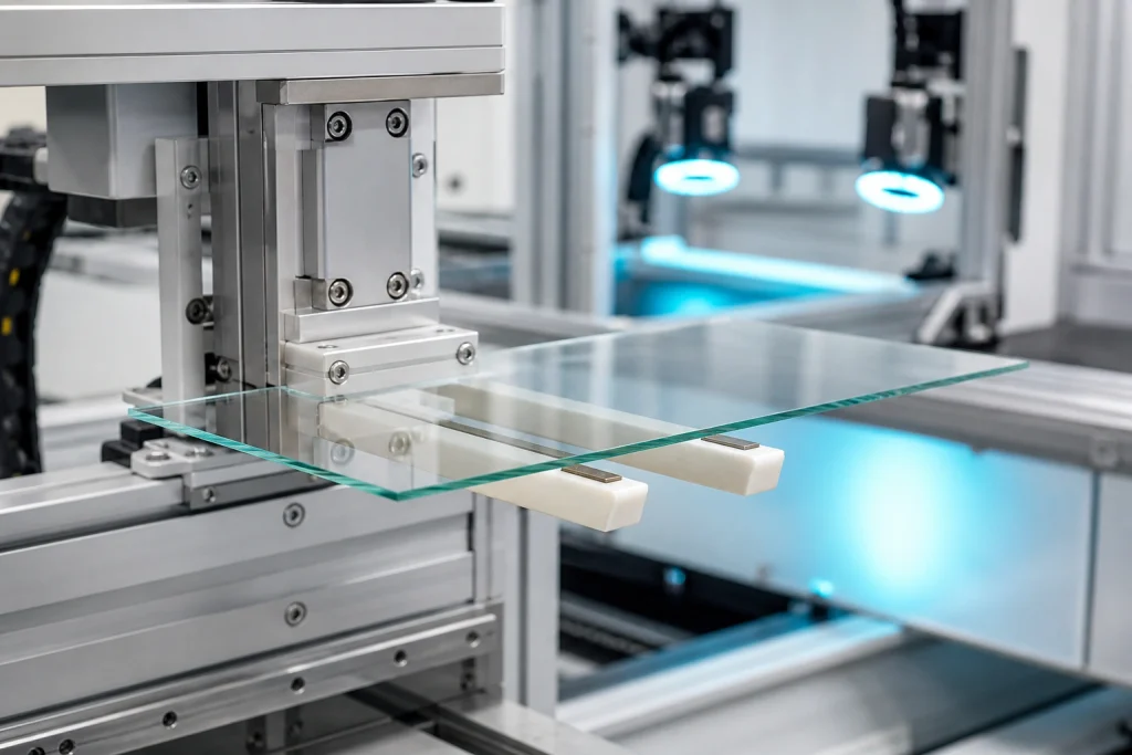 Alumina ceramic support fork handling a thin precision glass sheet on an inspection line