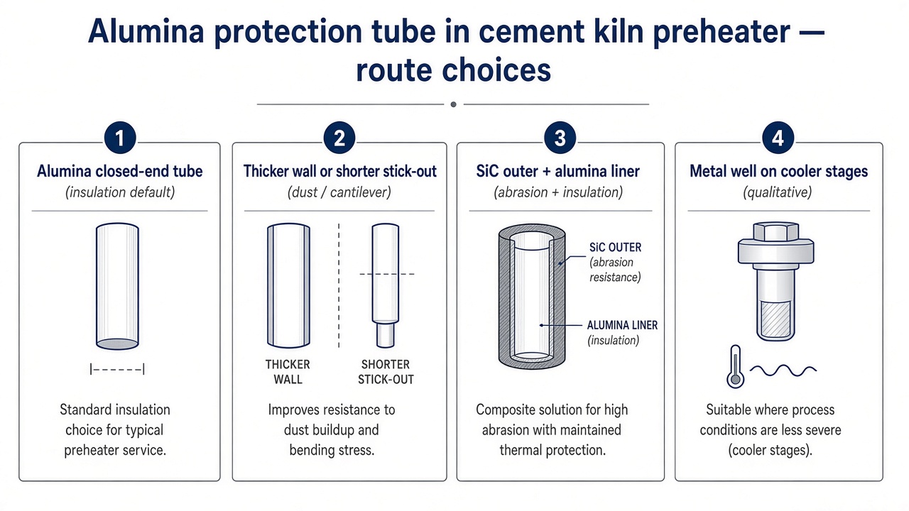 Cement kiln preheater alumina protection tube route choices: alumina tube, thicker wall or shorter stick-out, SiC outer with alumina liner, metal well