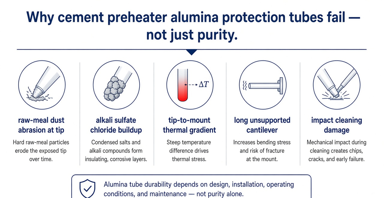 Cement preheater alumina protection tube failure drivers: dust abrasion, alkali buildup, tip-to-mount gradient, unsupported cantilever, impact cleaning