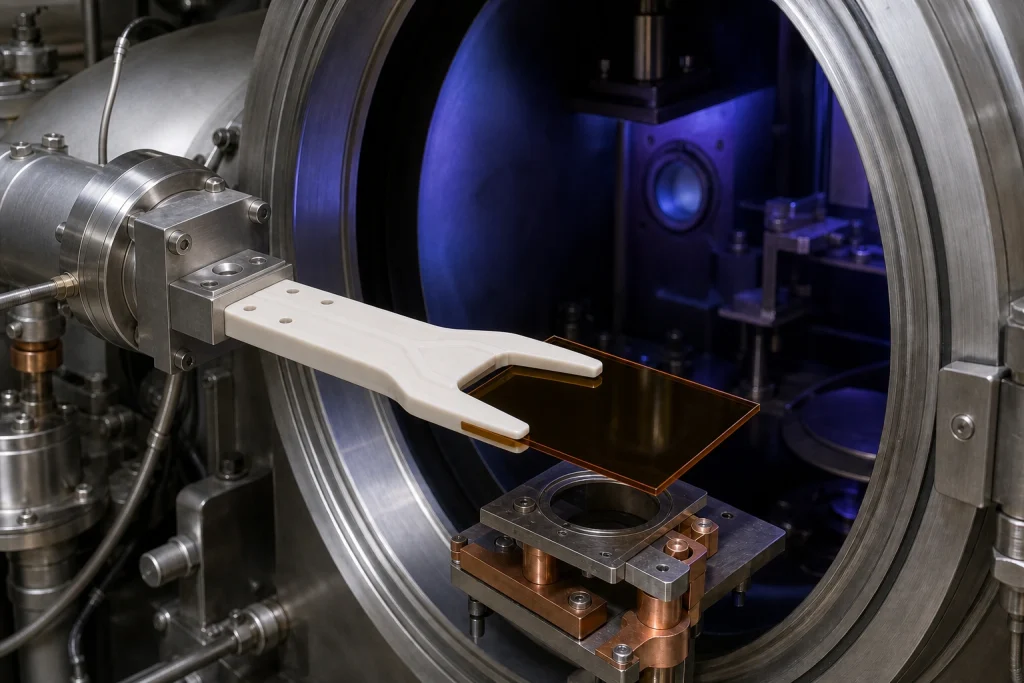 Ceramic vacuum end effector positioning rectangular optical glass inside a coating chamber