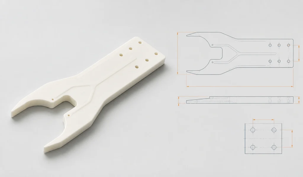 Custom ceramic arm drawing with fork geometry and mounting interface