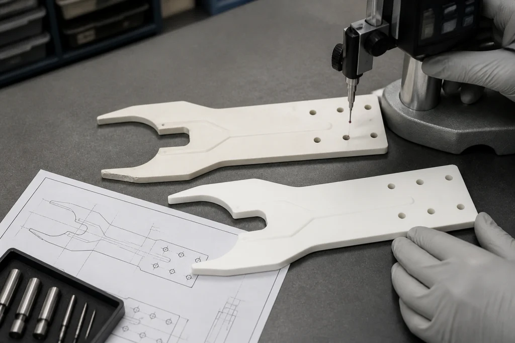 Old and new custom ceramic end effectors compared during dimensional inspection