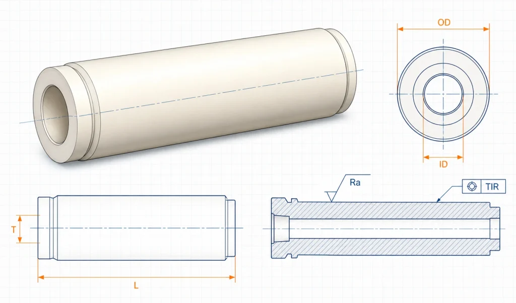 Custom ceramic roller engineering drawing with dimensions and cross-sectional views