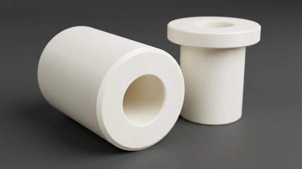 Alumina ceramic insulating spacer and flanged bushing with precision bore and contact faces