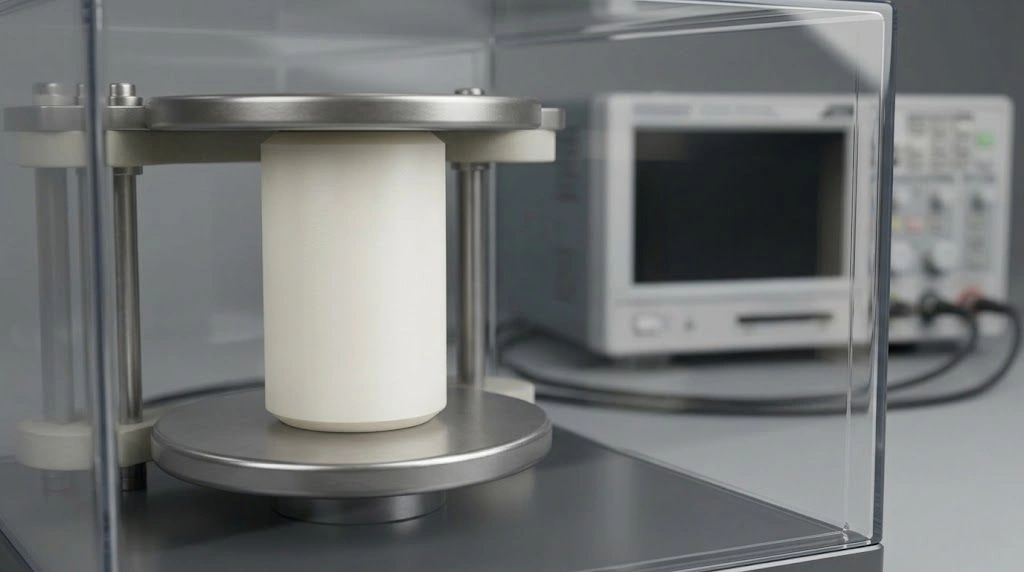 Alumina insulating spacer in an unpowered enclosed electrical test fixture during inspection preparation
