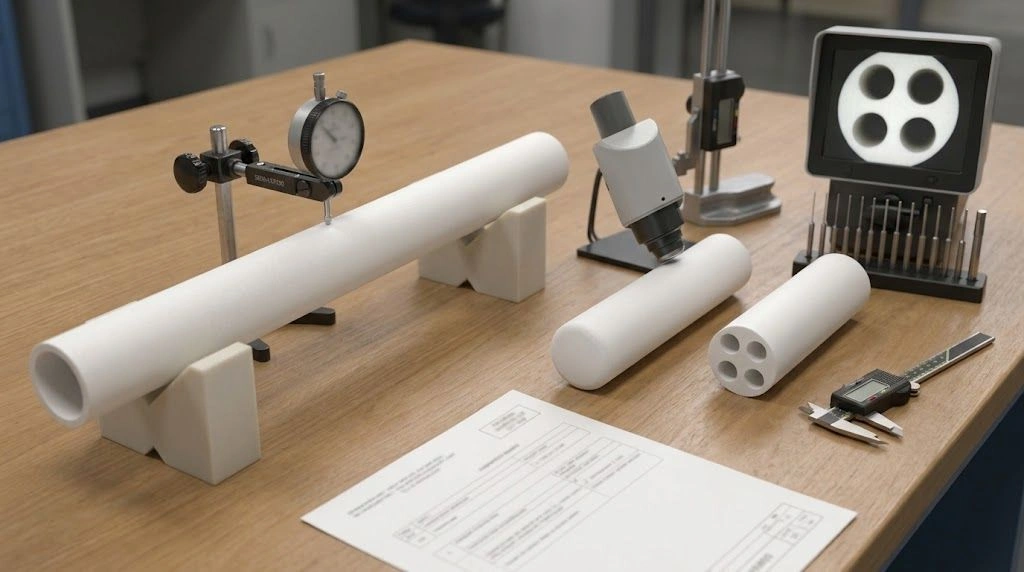 Long open-ended, closed-tip and four-bore alumina tubes undergoing dimensional and geometric inspection