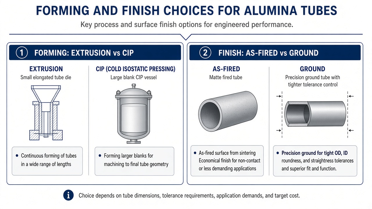 Extrusion vs CIP forming and as-fired vs ground finish choices for alumina ceramic tubes