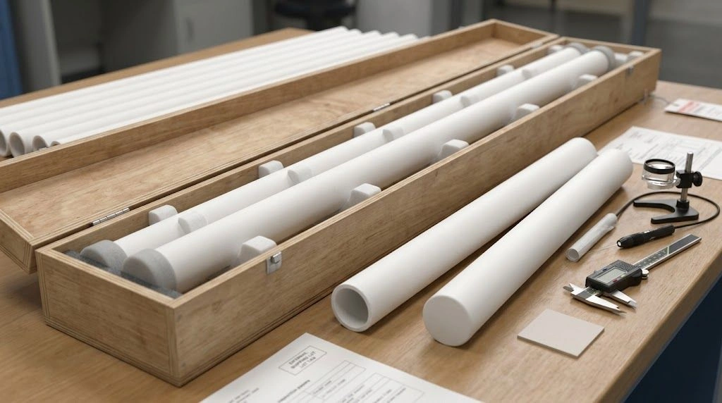 Alumina tube first articles arranged with inspection records and protective long-span export packaging
