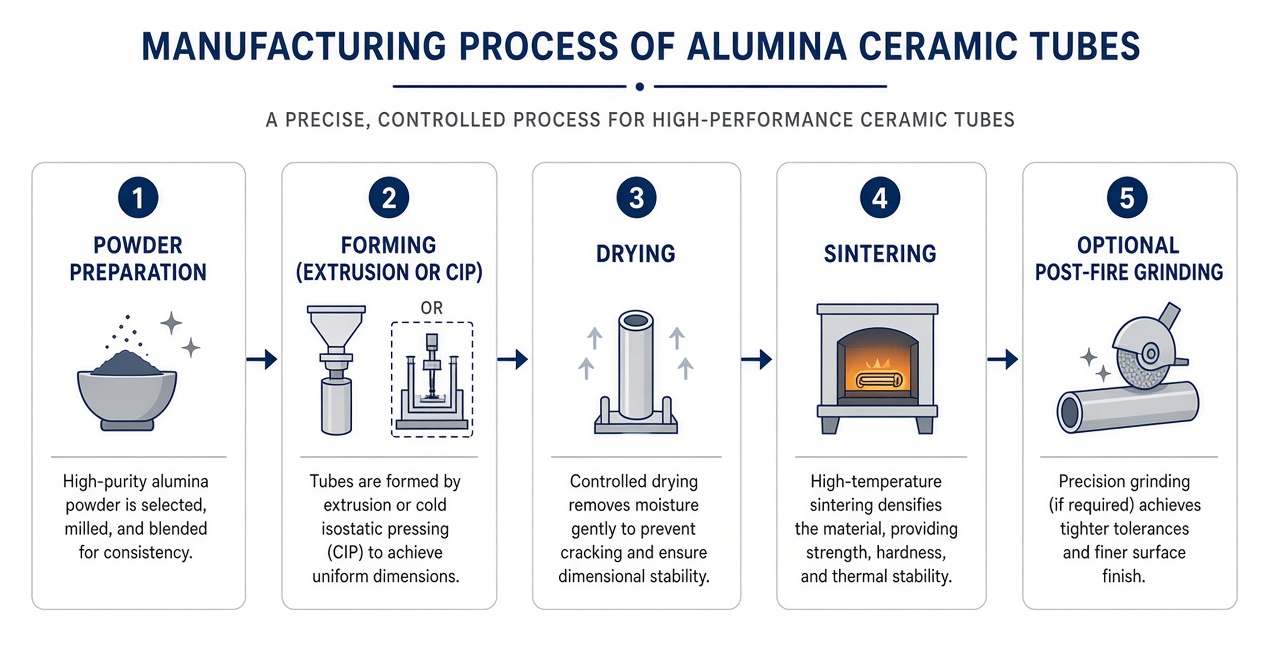 Alumina tube manufacturing process: powder preparation, forming by extrusion or CIP, drying, sintering, optional grinding