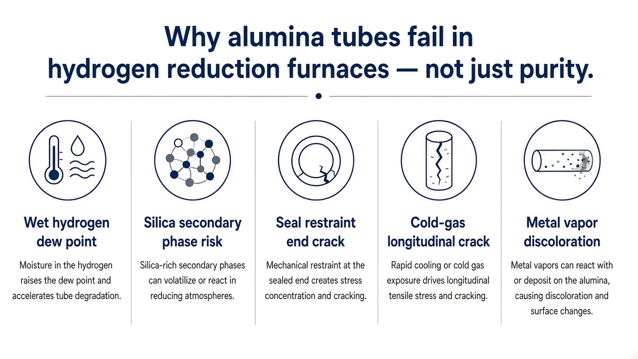 H2 alumina tube failure drivers: wet H2 dew point, SiO2 secondary phase, seal restraint crack, cold-gas longitudinal crack, metal vapor discoloration