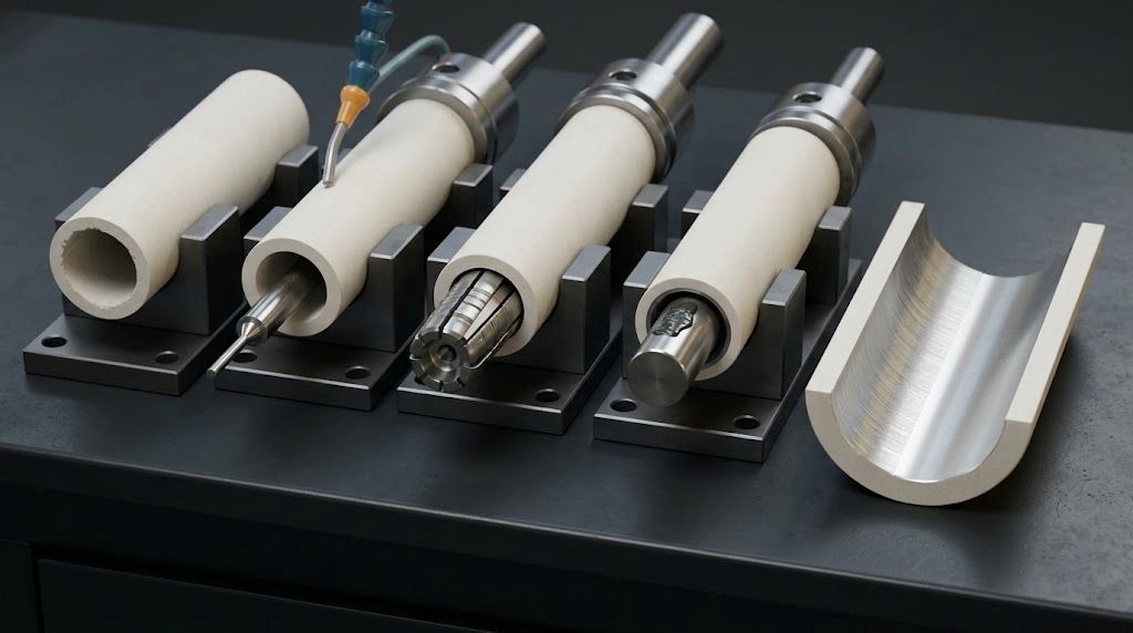 Alumina and zirconia wear sleeves displayed beside physical abrasion and edge-chipping samples
