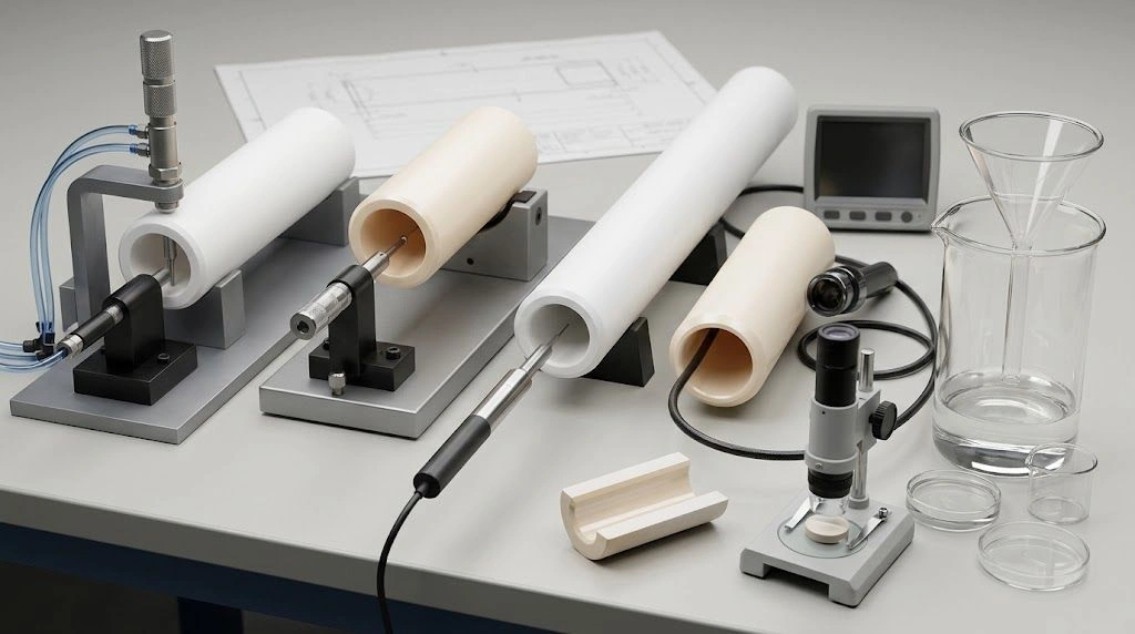 Alumina and zirconia sleeve first articles arranged with mating shafts, housings, and dimensional inspection tools