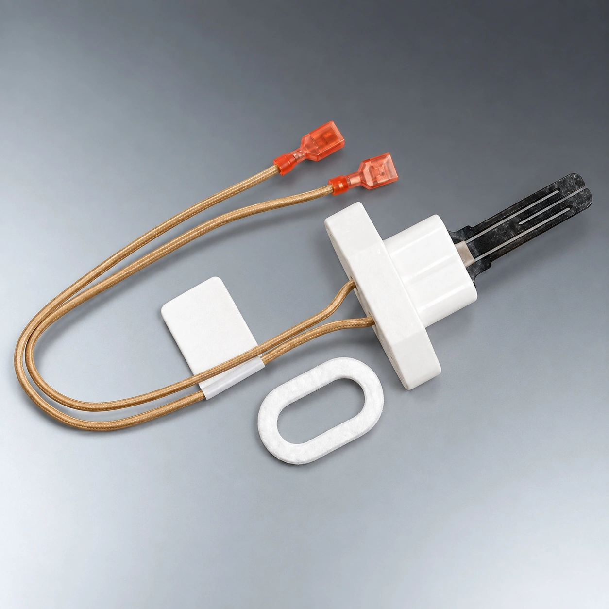 Ceramic boiler igniter with braided leads, red terminals and mounting gasket