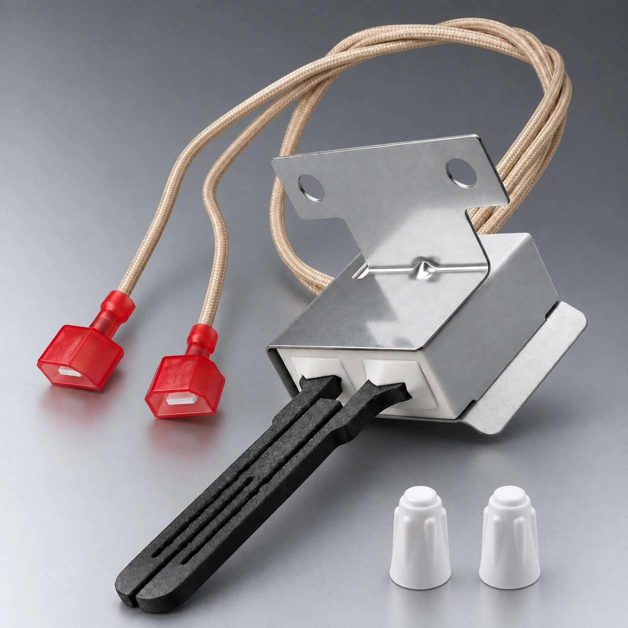 Ceramic igniter with metal mounting bracket, red terminals and wire caps