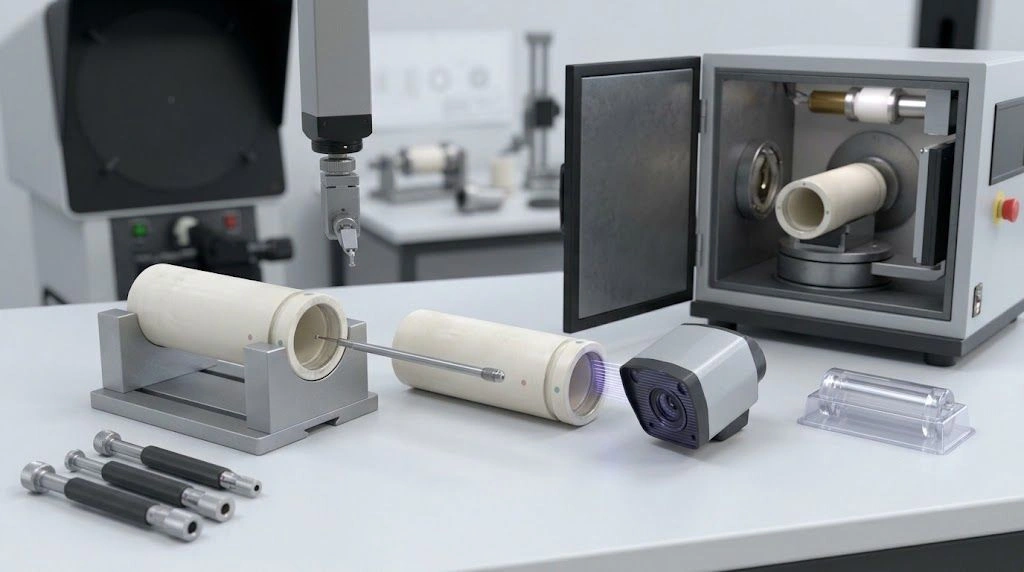 Deep-bore ceramic sleeves beside contact, optical, and computed-tomography inspection equipment