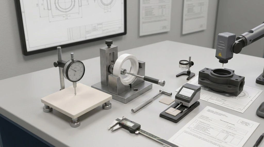 Precision ceramic components undergoing datum, bore-position, seal-face, surface-texture and edge-quality inspection