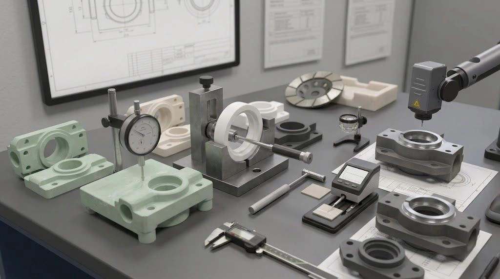 Green-machined, as-fired and precision-ground technical ceramic parts arranged as physical process-state samples