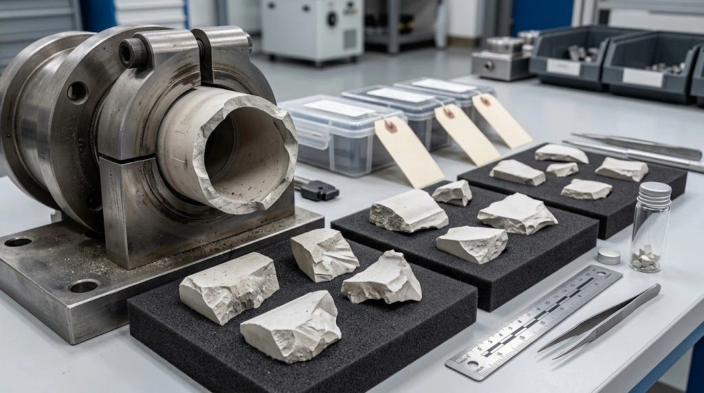 Failed ceramic sleeve fragments preserved beside the original assembly and separated protective packaging