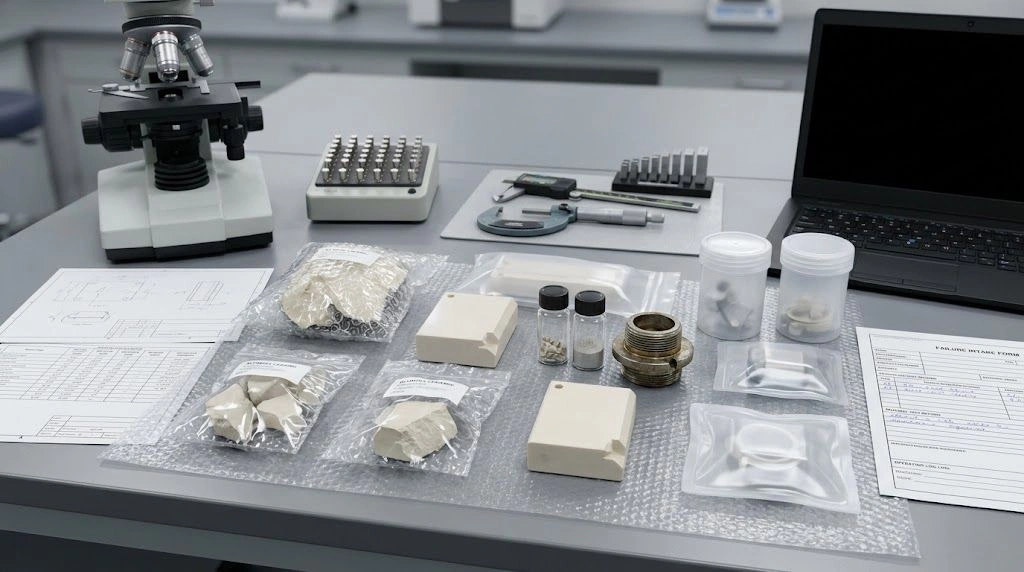 Ceramic failure submission package with separated fragments, a comparison part, documents, and inspection equipment