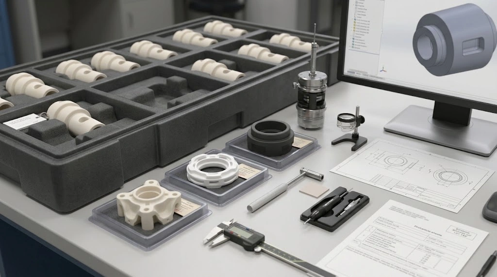 Ceramic first articles arranged with controlled drawings, a CAD workstation and dimensional inspection records at a release-review bench
