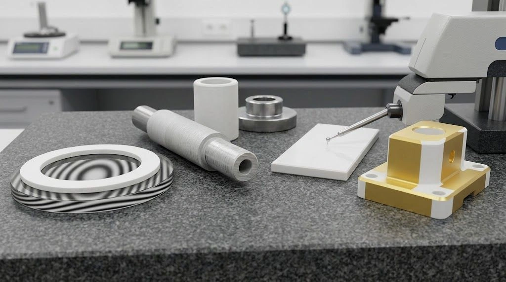 Ceramic seal face, sliding shaft, wear plate, and metallized component arranged with surface and form measurement tools
