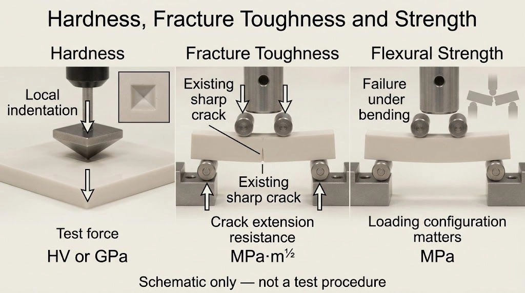 Ceramic hardness, fracture toughness, and strength measurement schematics