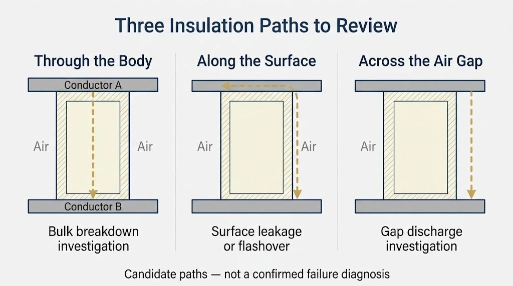 Bulk, surface, and air-gap paths between conductors separated by an alumina ceramic spacer